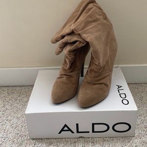 Scrunched taupe/beige platform boot.